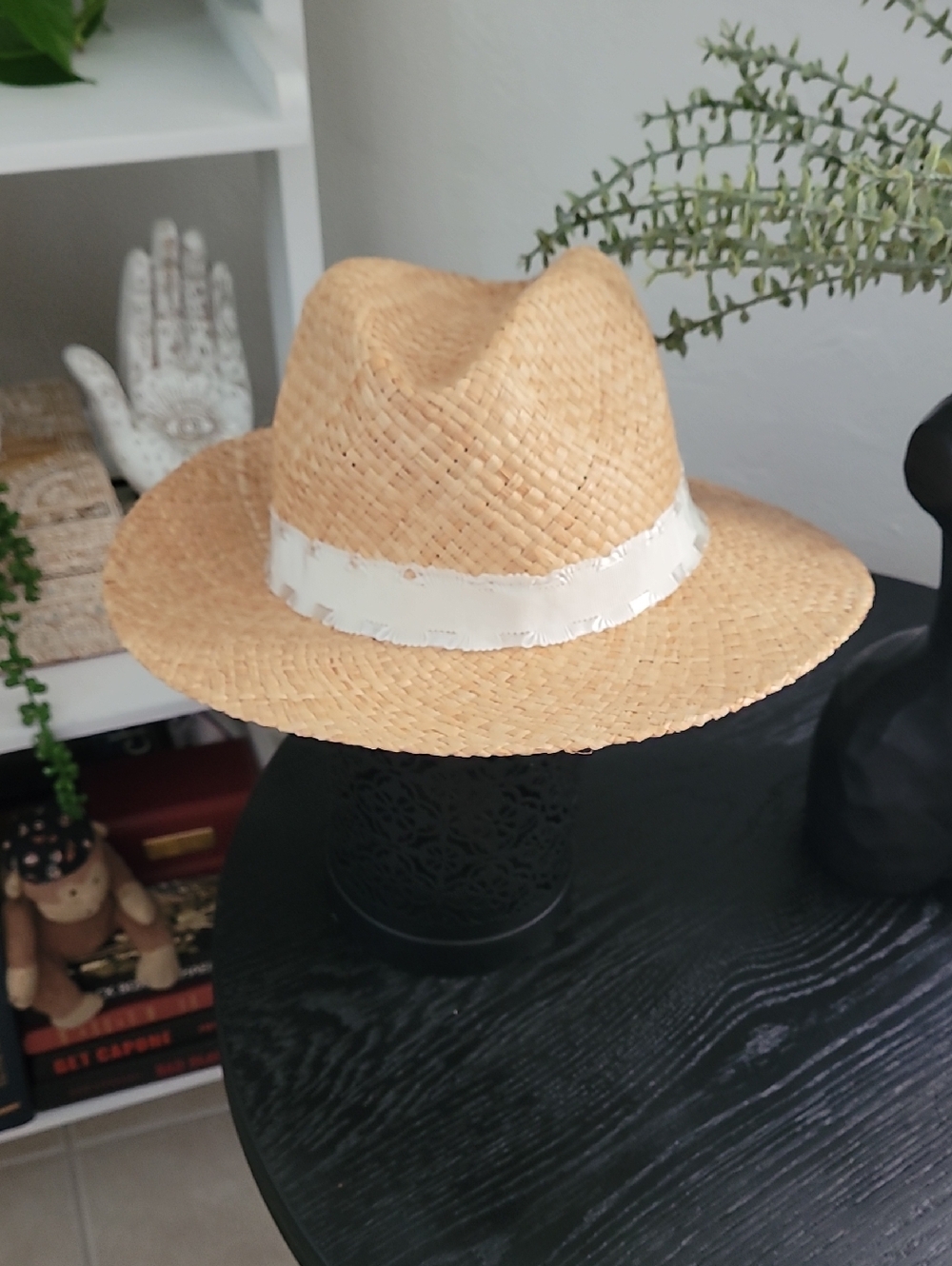 Saks Fifth Avenue Natural Straw Fedora with White Band